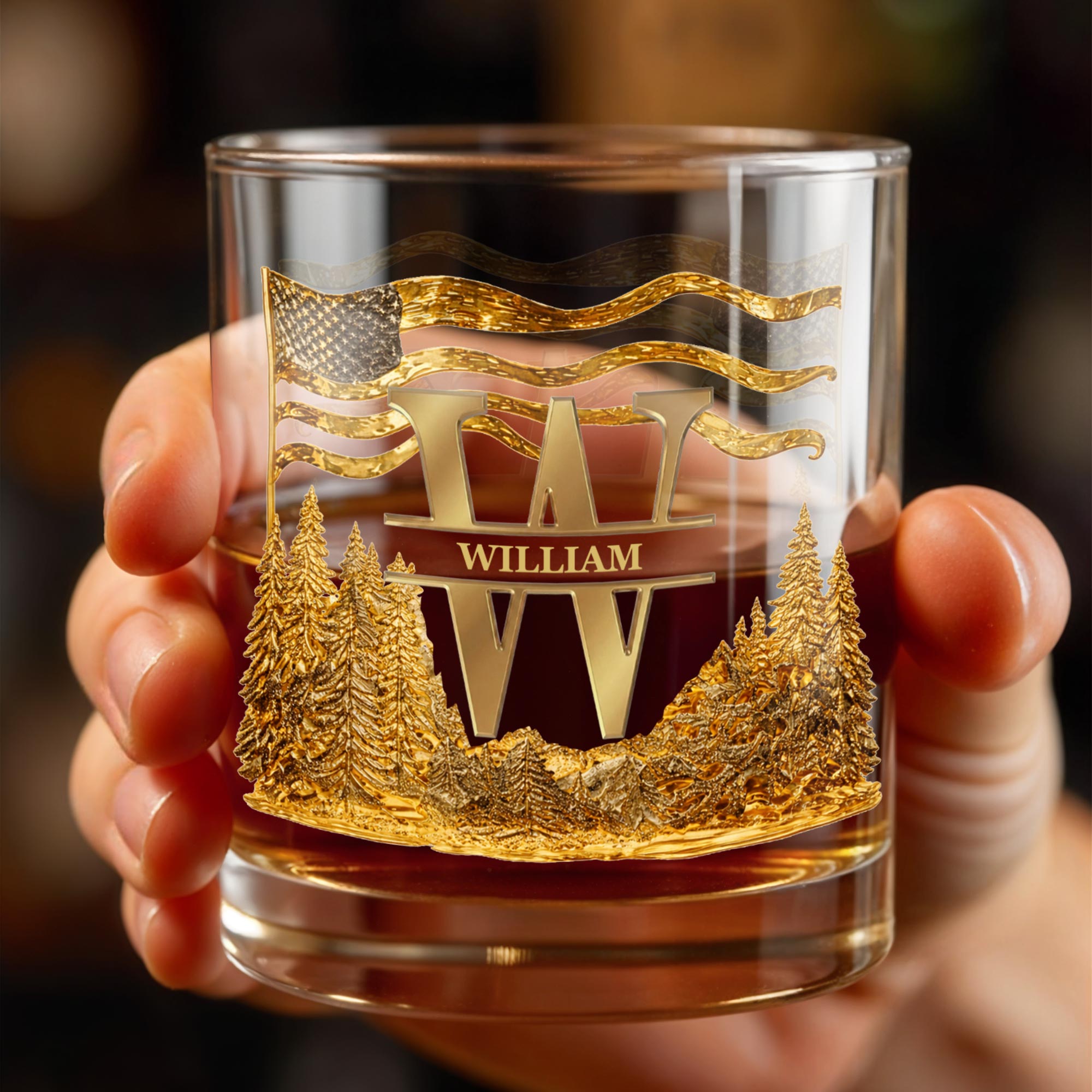 Spirit Of Freedom Nature Pine Forest And American Flag Monogram - Personalized Custom Whiskey Glass - HIM012_RWG