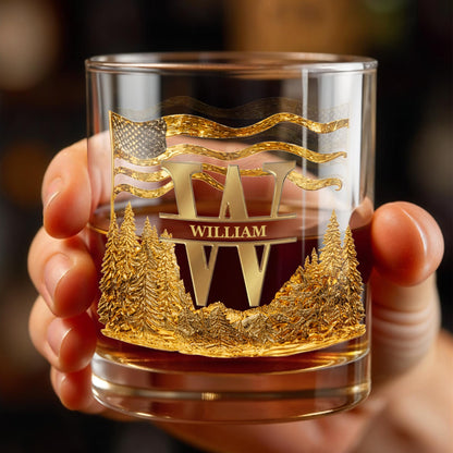 Spirit Of Freedom Nature Pine Forest And American Flag Monogram - Personalized Custom Whiskey Glass - HIM012_RWG