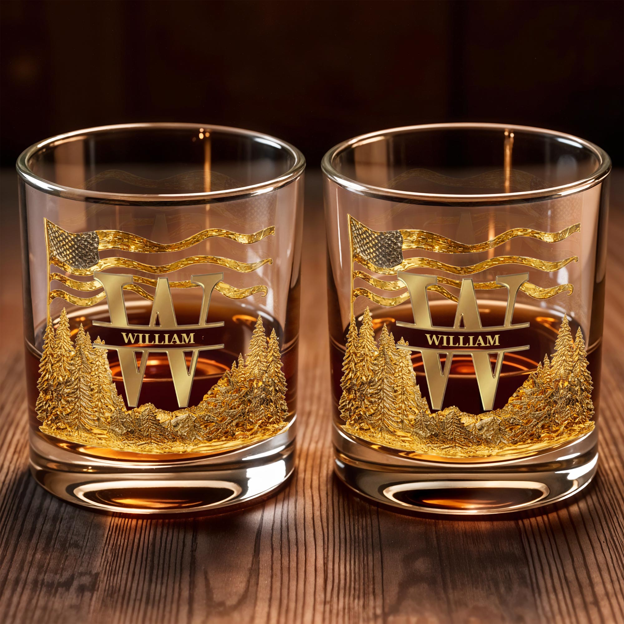 Spirit Of Freedom Nature Pine Forest And American Flag Monogram - Personalized Custom Whiskey Glass - HIM012_RWG