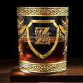 Custom Monogram With Shield And Battle Axes Medieval Knight Style - Personalized Custom Whiskey Glass - HIM015_RWG