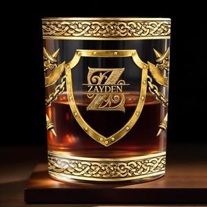 Custom Monogram With Shield And Battle Axes Medieval Knight Style - Personalized Custom Whiskey Glass - HIM015_RWG