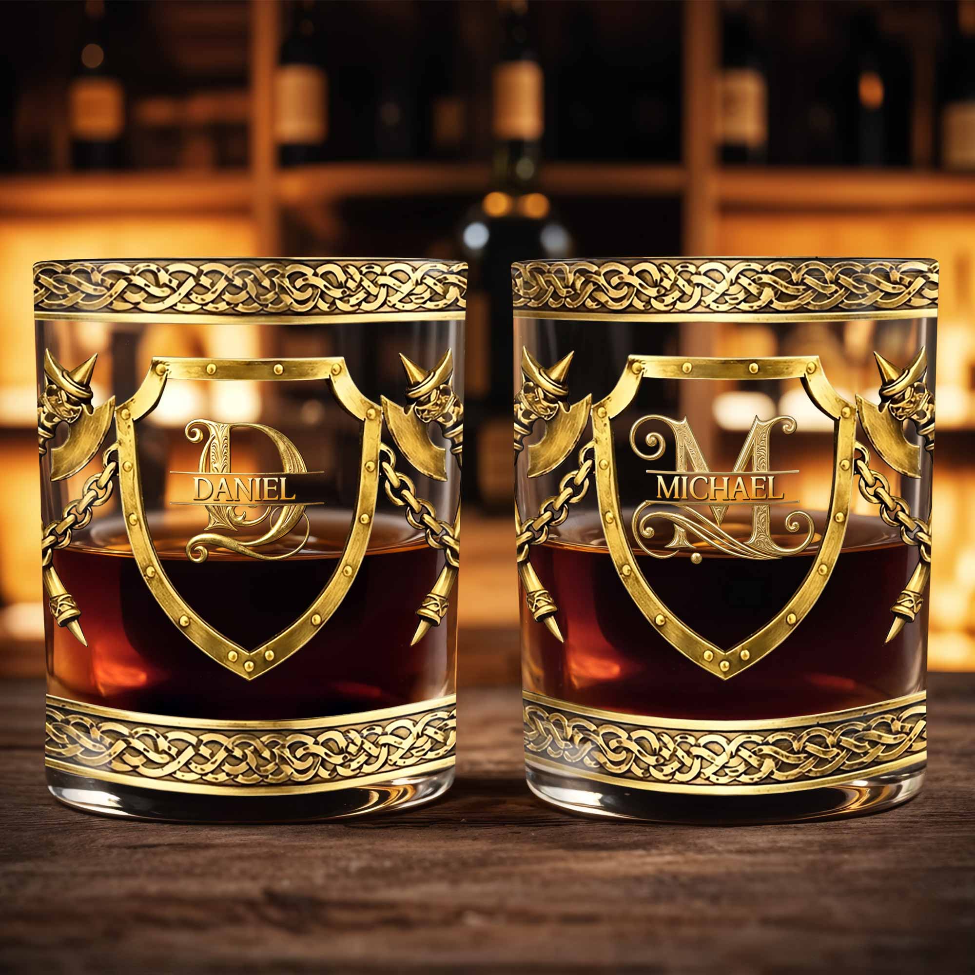 Custom Monogram With Shield And Battle Axes Medieval Knight Style - Personalized Custom Whiskey Glass - HIM015_RWG