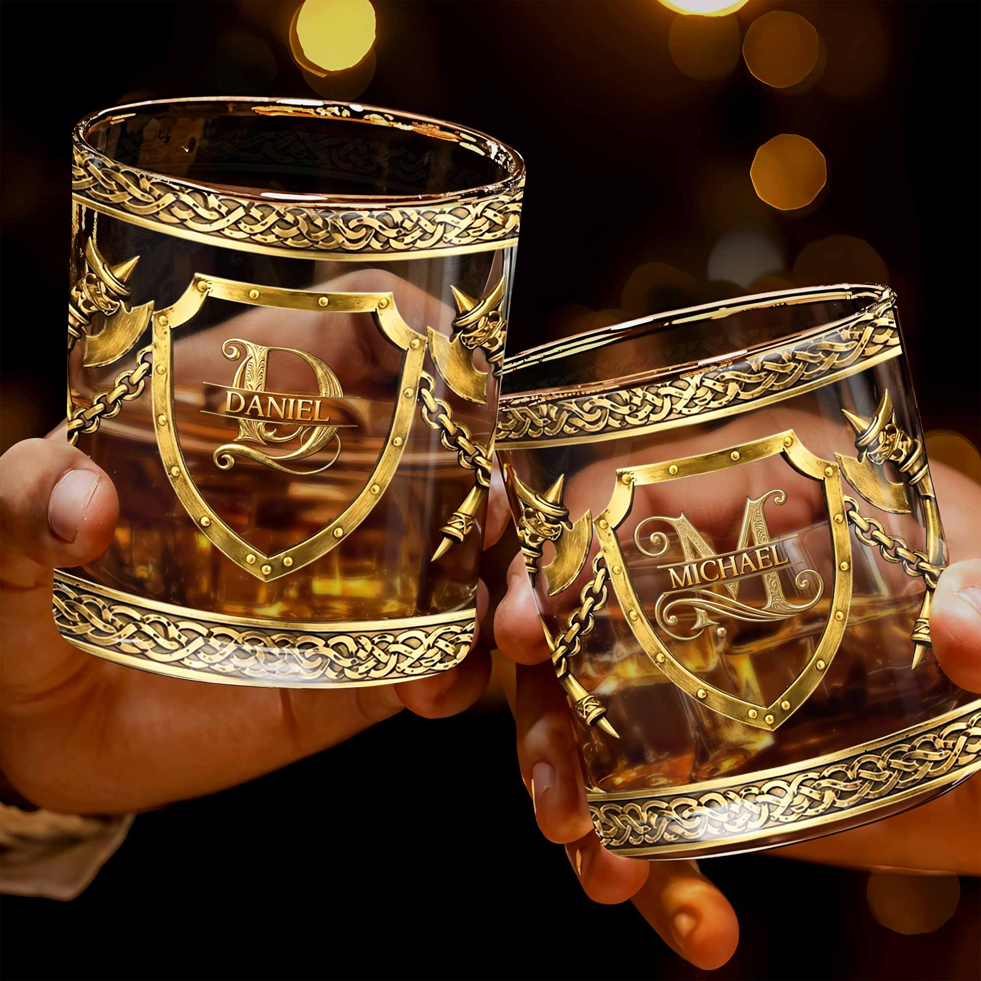 Custom Monogram With Shield And Battle Axes Medieval Knight Style - Personalized Custom Whiskey Glass - HIM015_RWG
