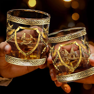 Custom Monogram With Shield And Battle Axes Medieval Knight Style - Personalized Custom Whiskey Glass - HIM015_RWG