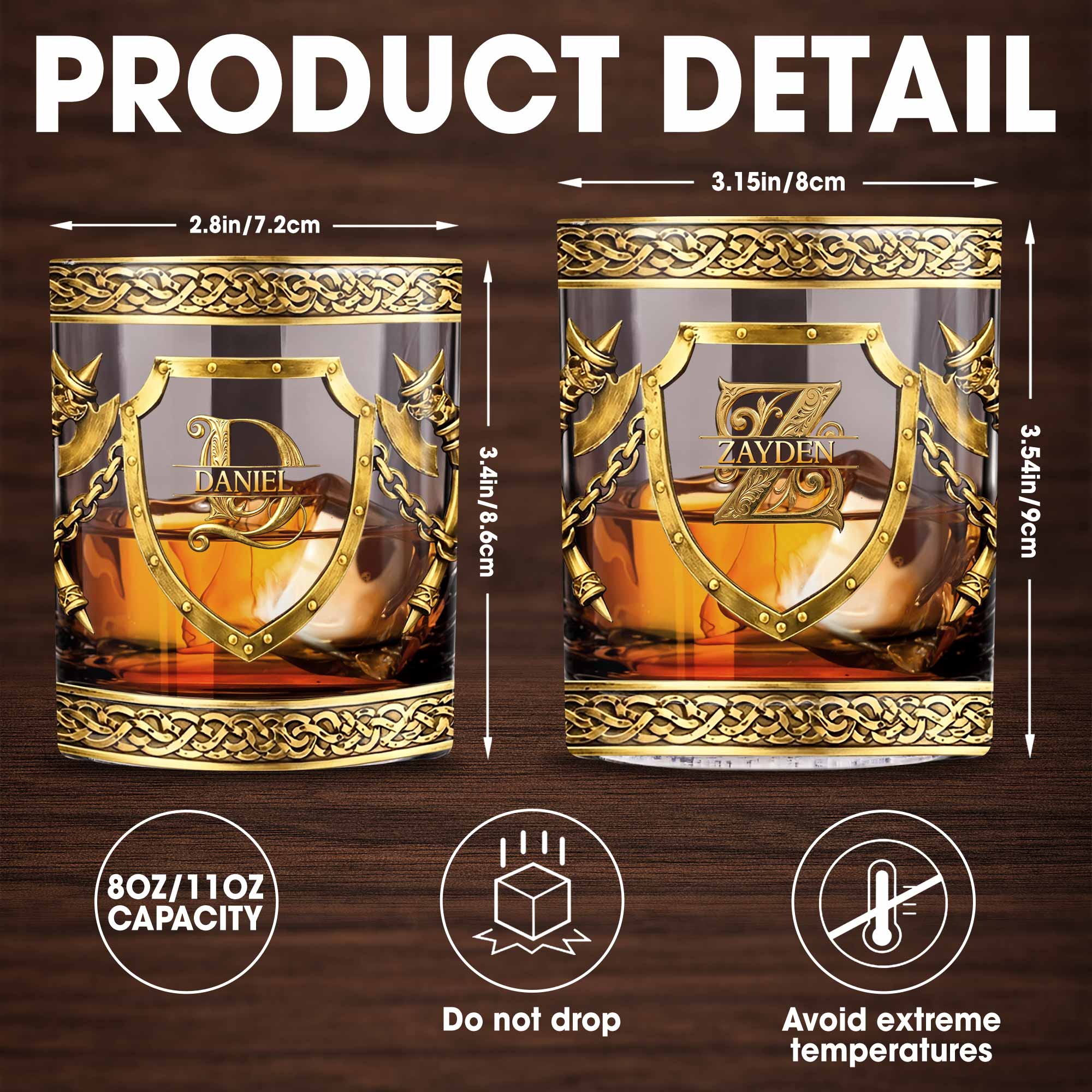 Custom Monogram With Shield And Battle Axes Medieval Knight Style - Personalized Custom Whiskey Glass - HIM015_RWG