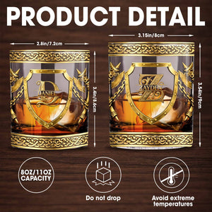 Custom Monogram With Shield And Battle Axes Medieval Knight Style - Personalized Custom Whiskey Glass - HIM015_RWG