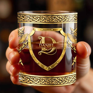 Custom Monogram With Shield And Battle Axes Medieval Knight Style - Personalized Custom Whiskey Glass - HIM015_RWG