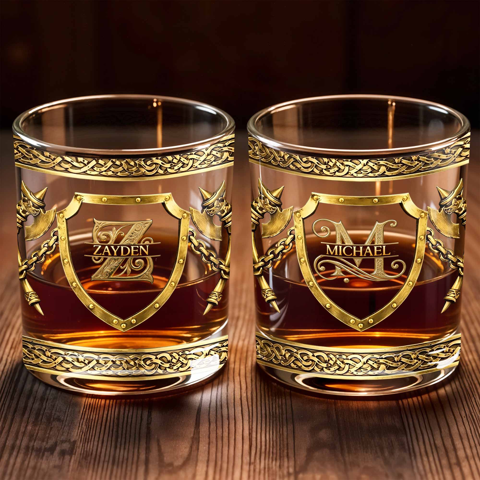 Custom Monogram With Shield And Battle Axes Medieval Knight Style - Personalized Custom Whiskey Glass - HIM015_RWG