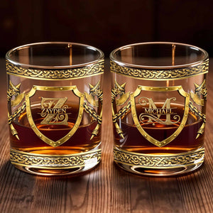 Custom Monogram With Shield And Battle Axes Medieval Knight Style - Personalized Custom Whiskey Glass - HIM015_RWG