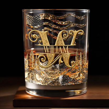 American Pride Custom Initial With Mountain Forest And Flag - Personalized Custom Whiskey Glass - HIM017_RWG