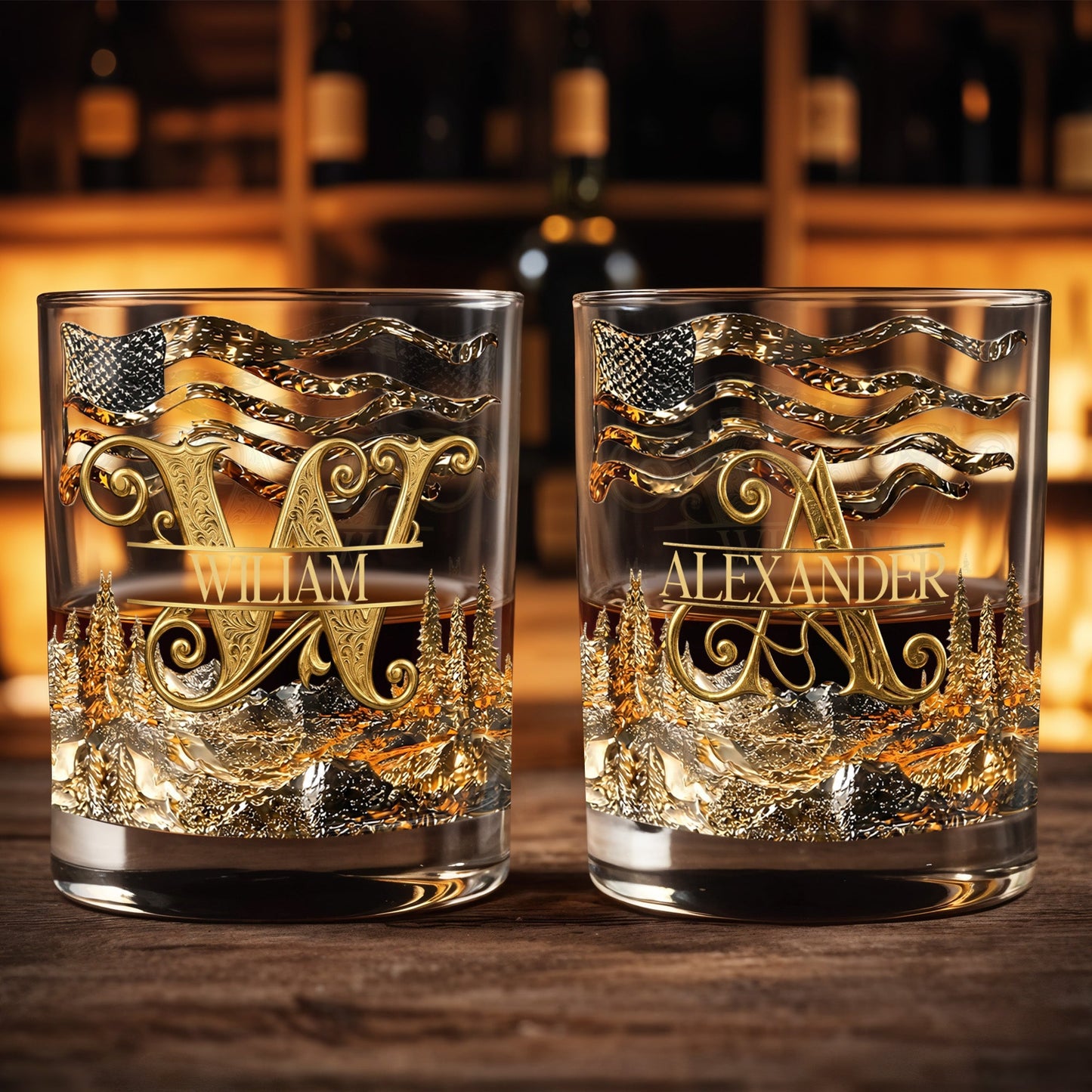 American Pride Custom Initial With Mountain Forest And Flag - Personalized Custom Whiskey Glass - HIM017_RWG