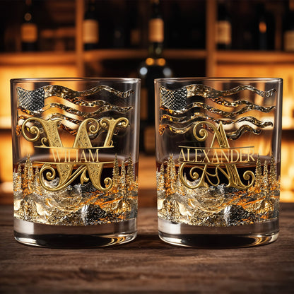 American Pride Custom Initial With Mountain Forest And Flag - Personalized Custom Whiskey Glass - HIM017_RWG
