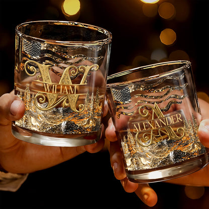American Pride Custom Initial With Mountain Forest And Flag - Personalized Custom Whiskey Glass - HIM017_RWG