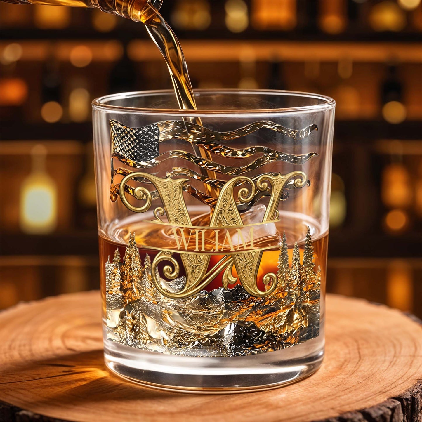 American Pride Custom Initial With Mountain Forest And Flag - Personalized Custom Whiskey Glass - HIM017_RWG