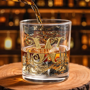 American Pride Custom Initial With Mountain Forest And Flag - Personalized Custom Whiskey Glass - HIM017_RWG