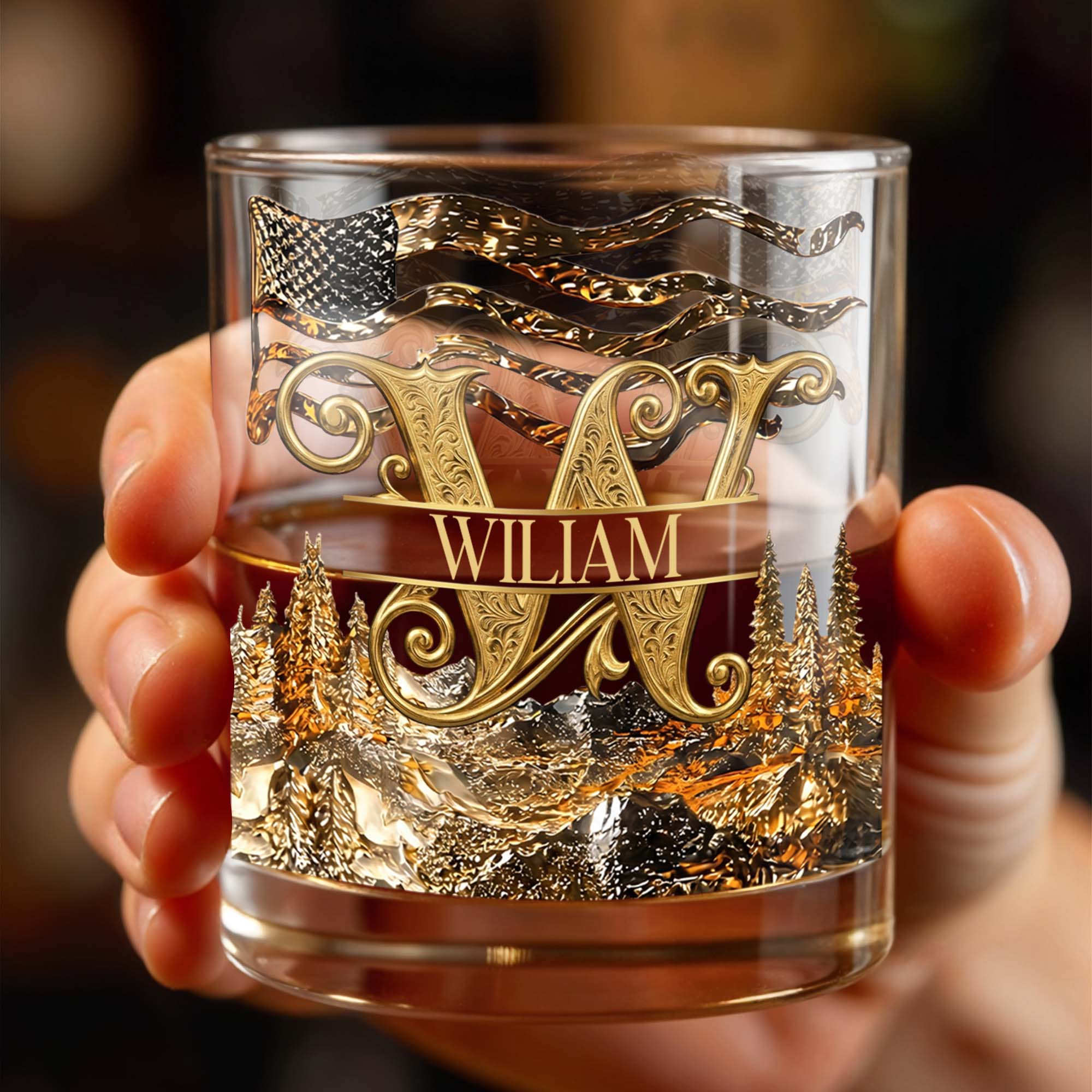 American Pride Custom Initial With Mountain Forest And Flag - Personalized Custom Whiskey Glass - HIM017_RWG