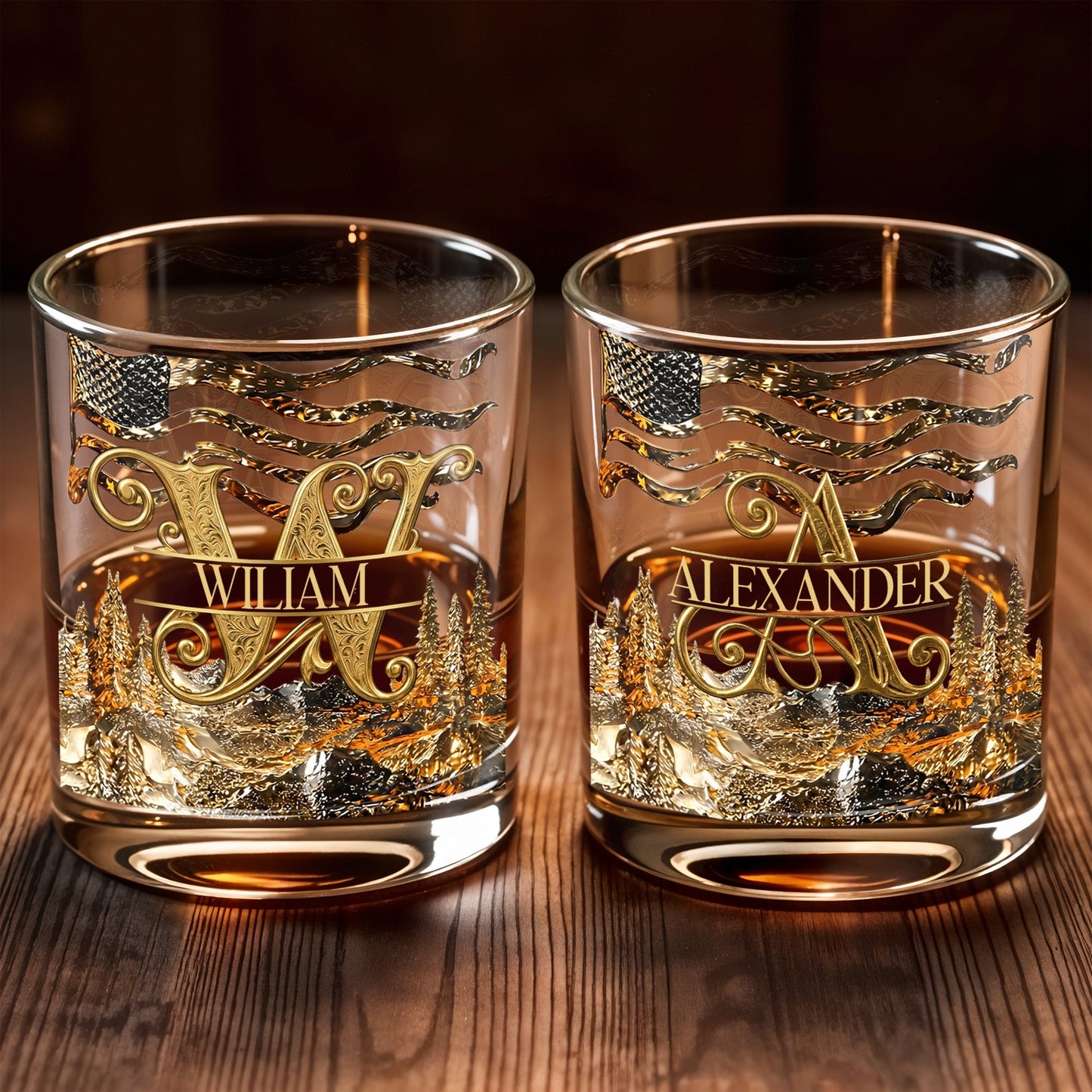 American Pride Custom Initial With Mountain Forest And Flag - Personalized Custom Whiskey Glass - HIM017_RWG