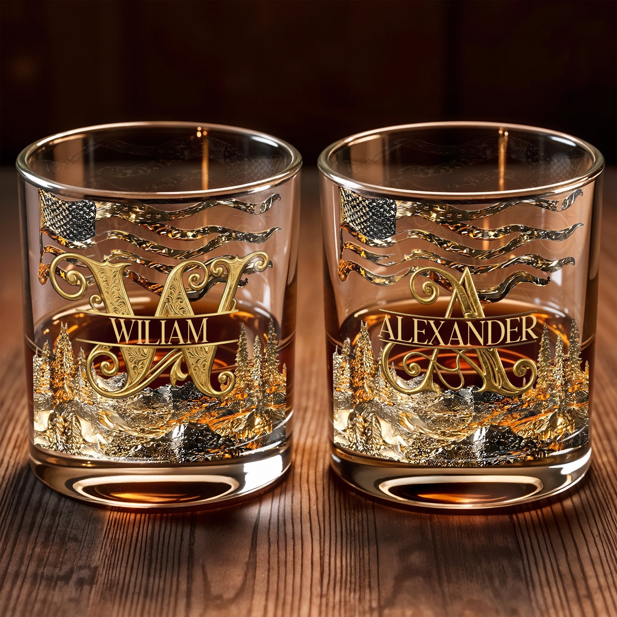 American Pride Custom Initial With Mountain Forest And Flag - Personalized Custom Whiskey Glass - HIM017_RWG