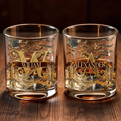 American Pride Custom Initial With Mountain Forest And Flag - Personalized Custom Whiskey Glass - HIM017_RWG