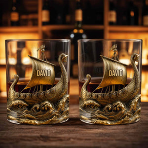 Viking Warrior On The High Seas 3D Golden Ship - Personalized Custom Whiskey Glass - HIM018_RWG