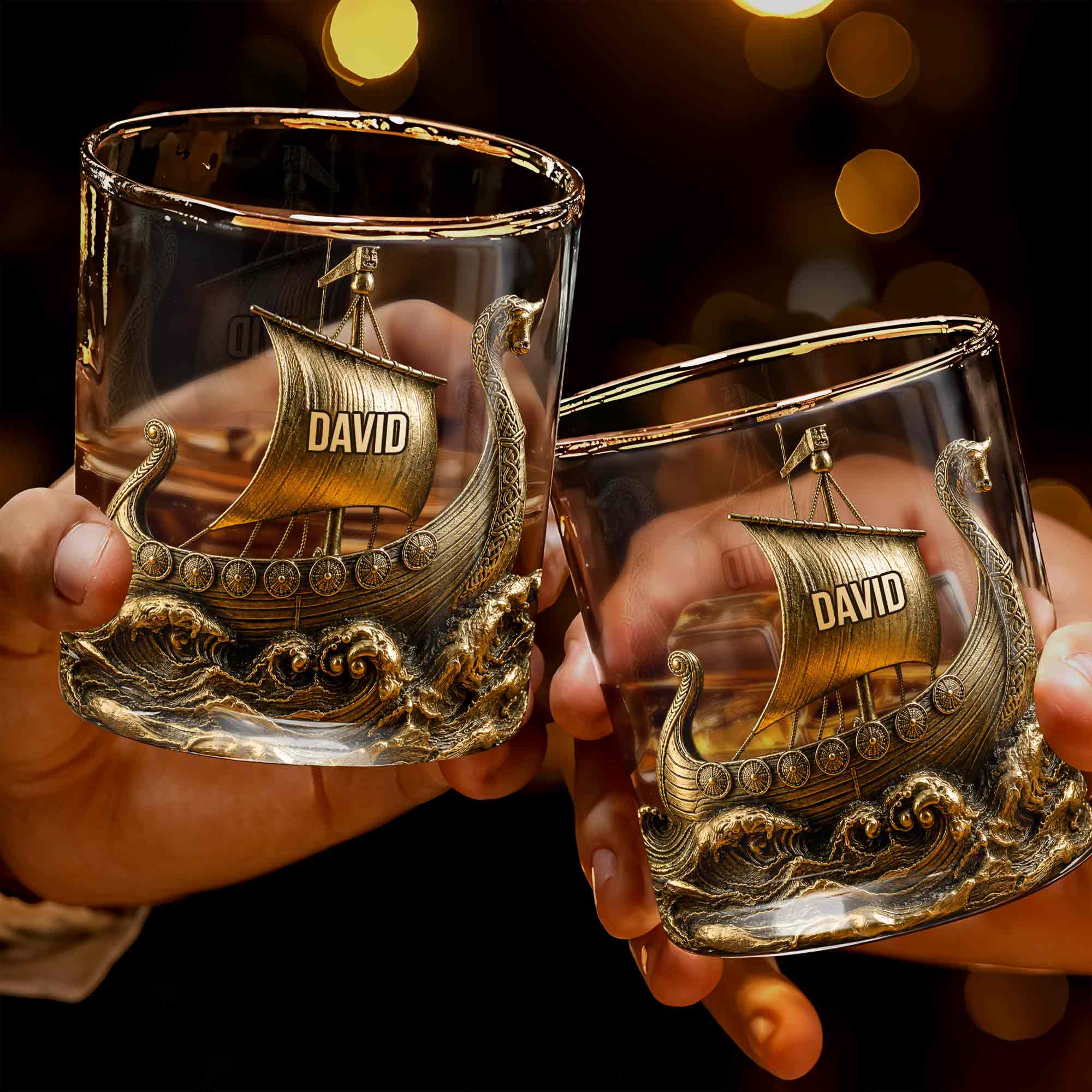 Viking Warrior On The High Seas 3D Golden Ship - Personalized Custom Whiskey Glass - HIM018_RWG