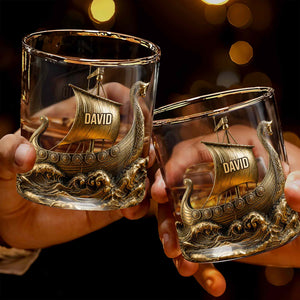 Viking Warrior On The High Seas 3D Golden Ship - Personalized Custom Whiskey Glass - HIM018_RWG