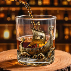 Viking Warrior On The High Seas 3D Golden Ship - Personalized Custom Whiskey Glass - HIM018_RWG