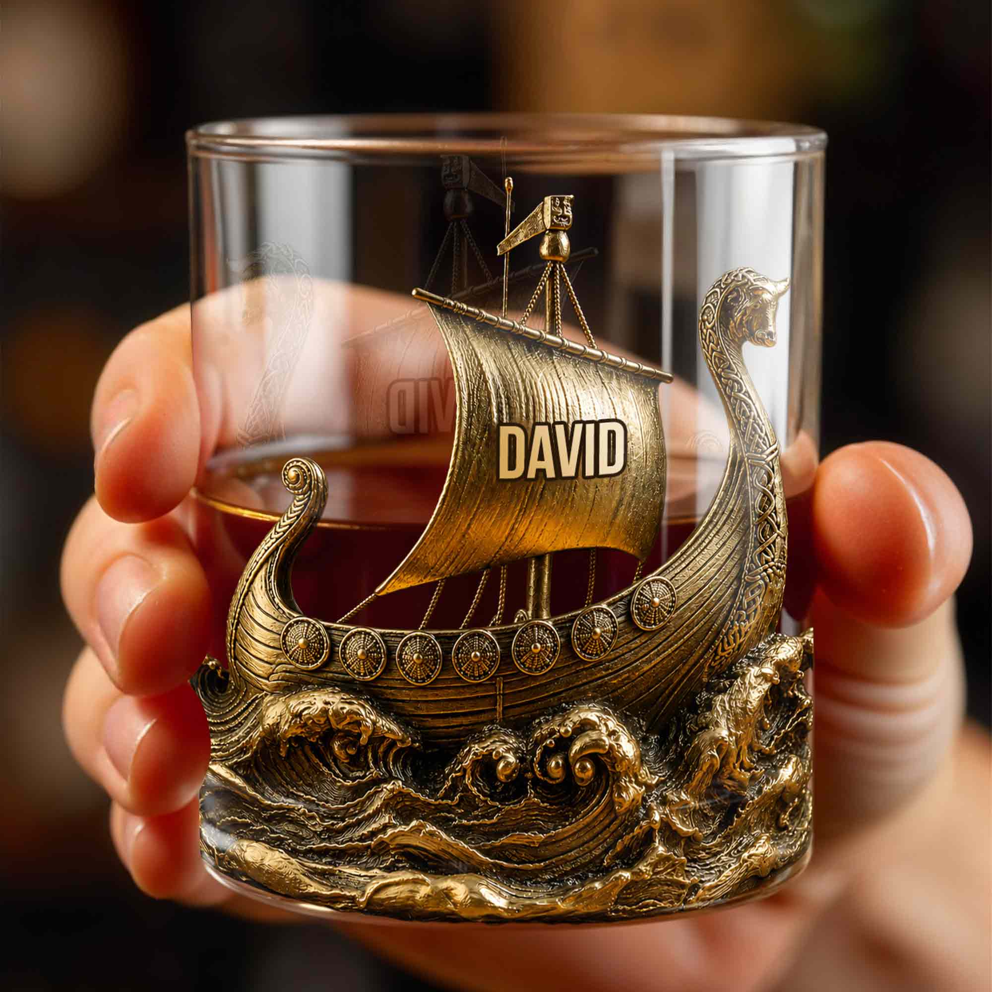 Viking Warrior On The High Seas 3D Golden Ship - Personalized Custom Whiskey Glass - HIM018_RWG