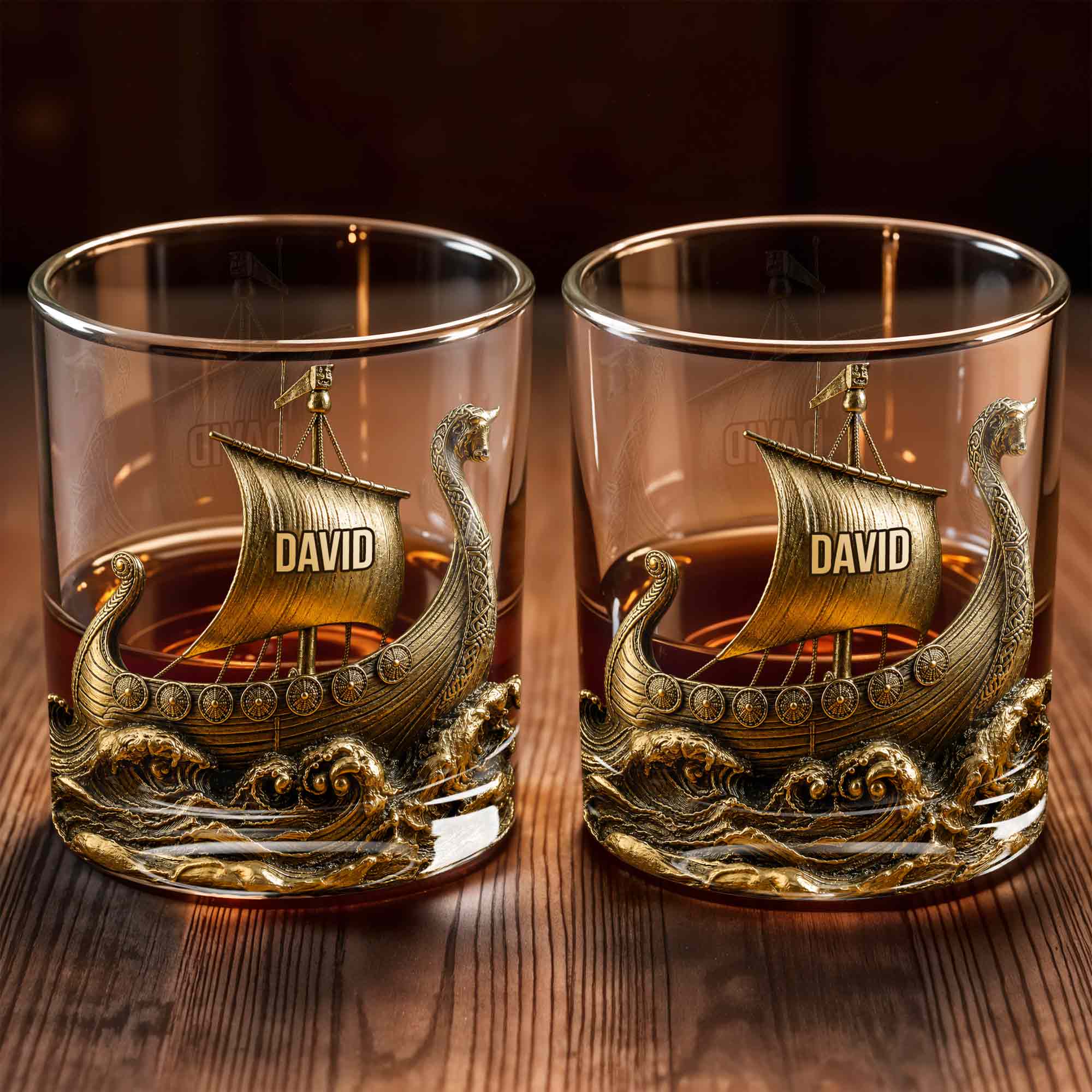Viking Warrior On The High Seas 3D Golden Ship - Personalized Custom Whiskey Glass - HIM018_RWG