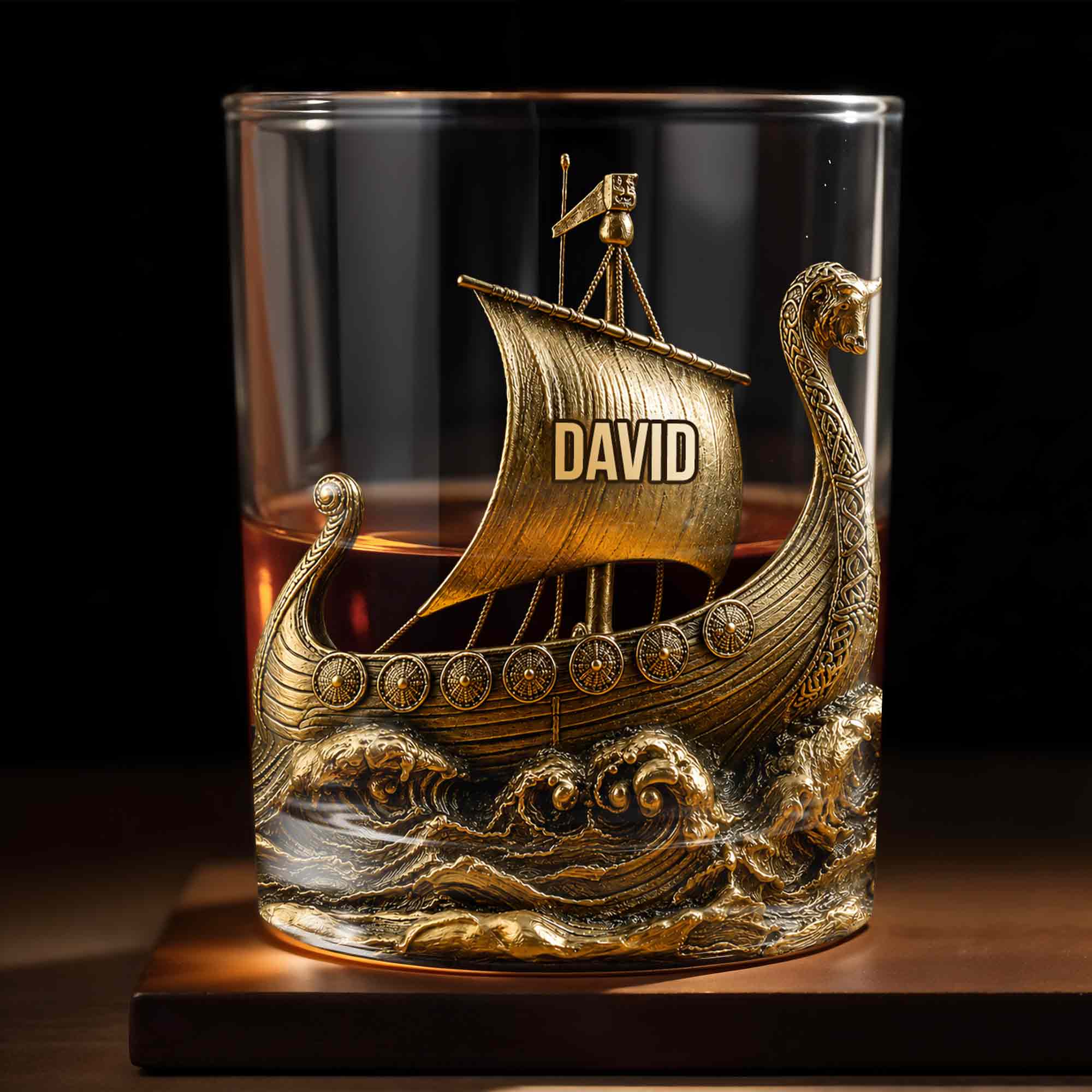 Viking Warrior On The High Seas 3D Golden Ship - Personalized Custom Whiskey Glass - HIM018_RWG