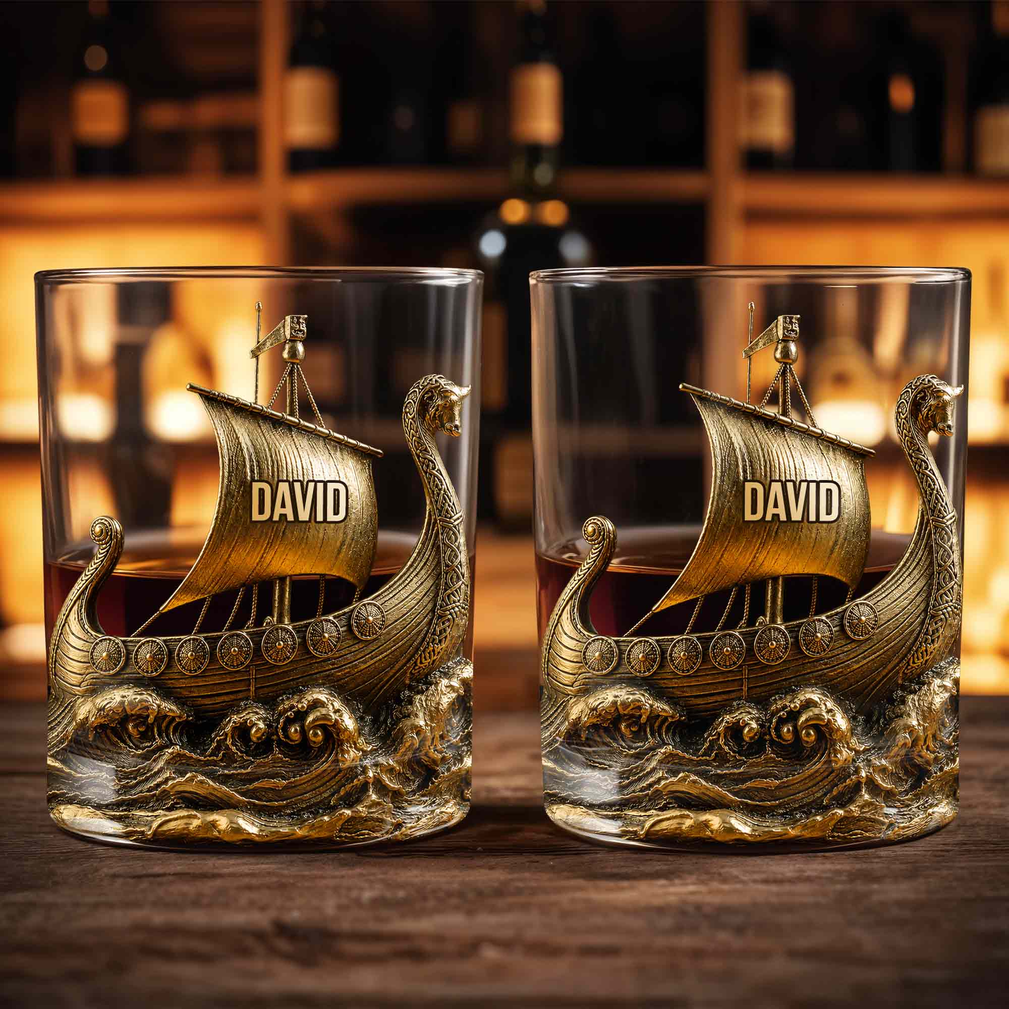 Viking Warrior On The High Seas 3D Golden Ship - Personalized Custom Whiskey Glass - HIM018_RWG