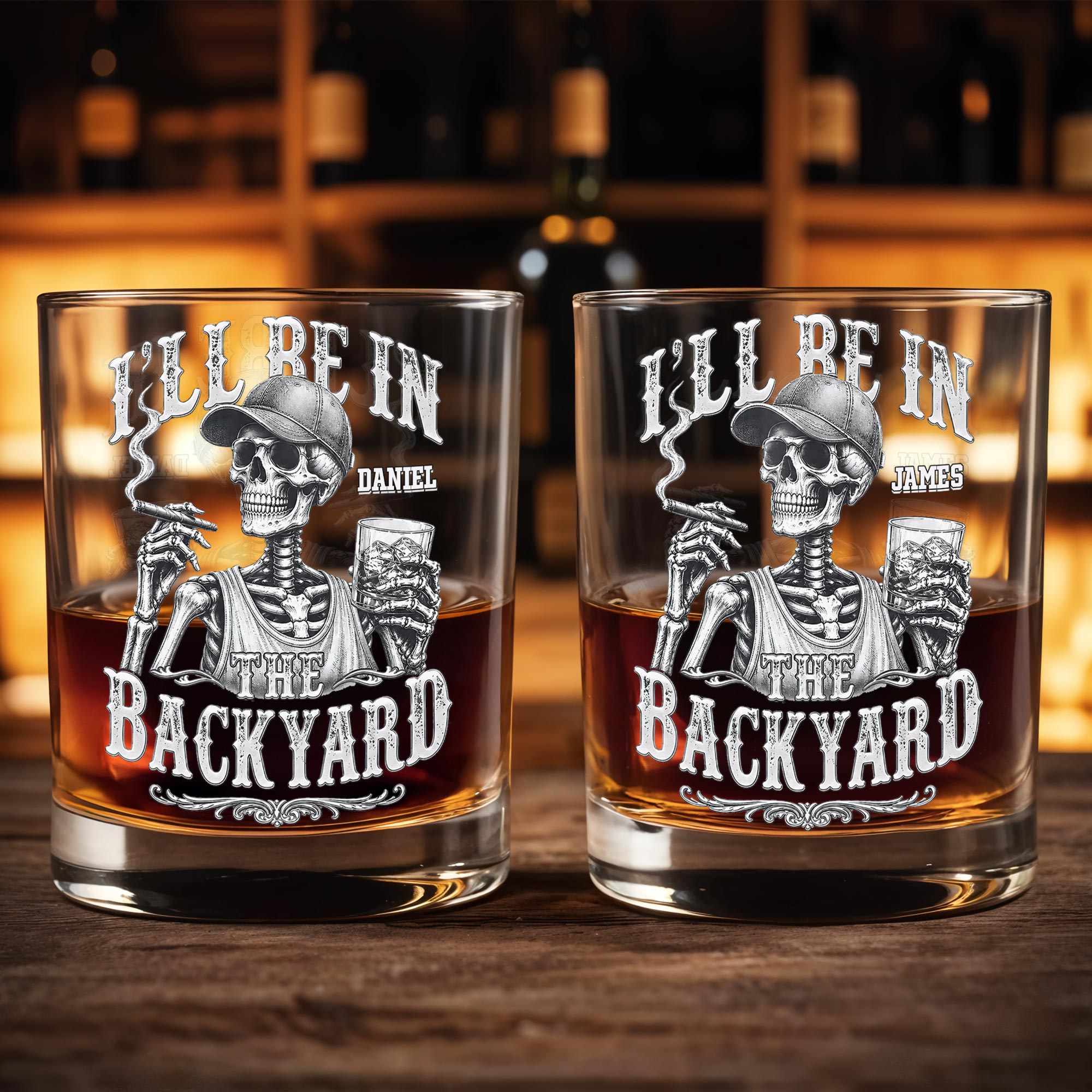 I'll Be In The Backyard Skeleton Smoking Cigar and Holding Drink - Personalized Custom Whiskey Glass - HIM043_RWG