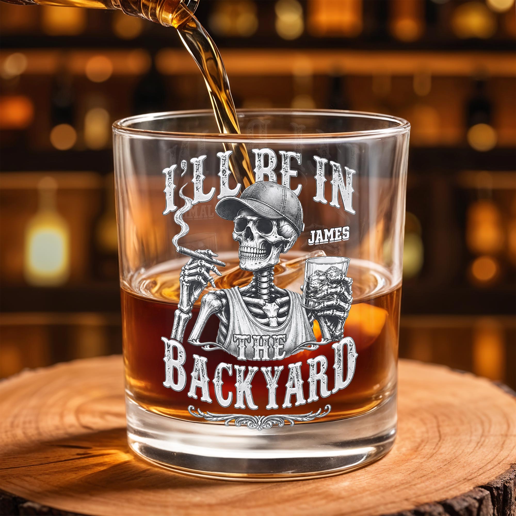 I'll Be In The Backyard Skeleton Smoking Cigar and Holding Drink - Personalized Custom Whiskey Glass - HIM043_RWG
