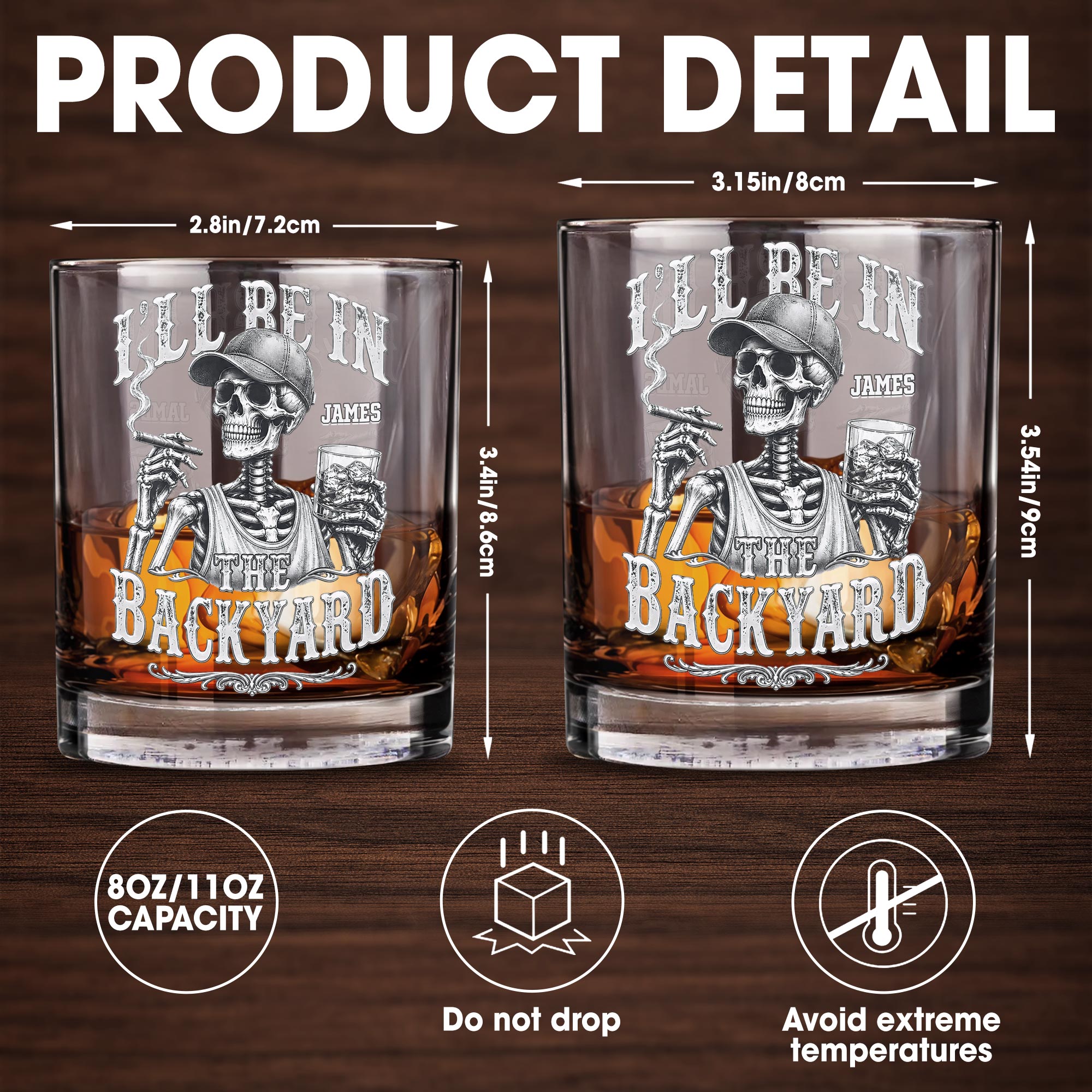 I'll Be In The Backyard Skeleton Smoking Cigar and Holding Drink - Personalized Custom Whiskey Glass - HIM043_RWG