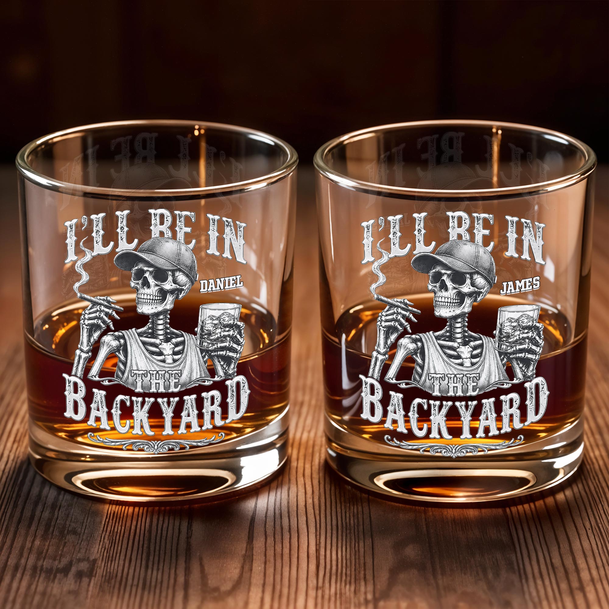 I'll Be In The Backyard Skeleton Smoking Cigar and Holding Drink - Personalized Custom Whiskey Glass - HIM043_RWG