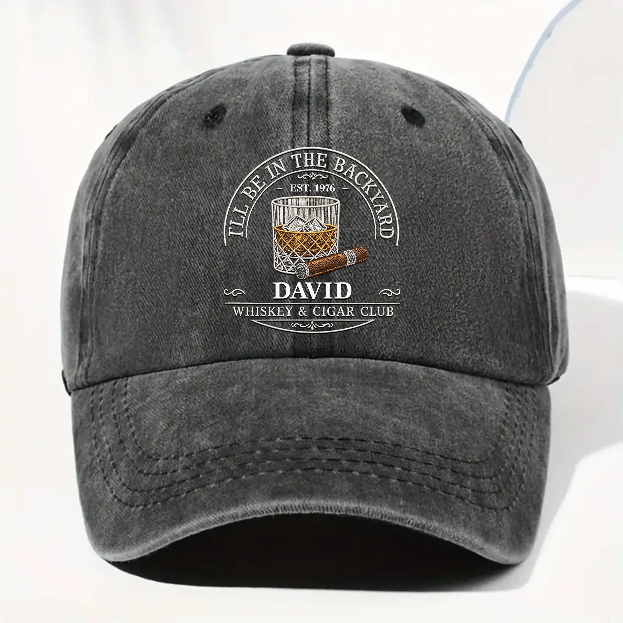 I'll Be In The Backyard Whiskey And Cigar Club With Glass And Cigar - Personalized Custom Washed Denim Cap - HIM044_WDCAP