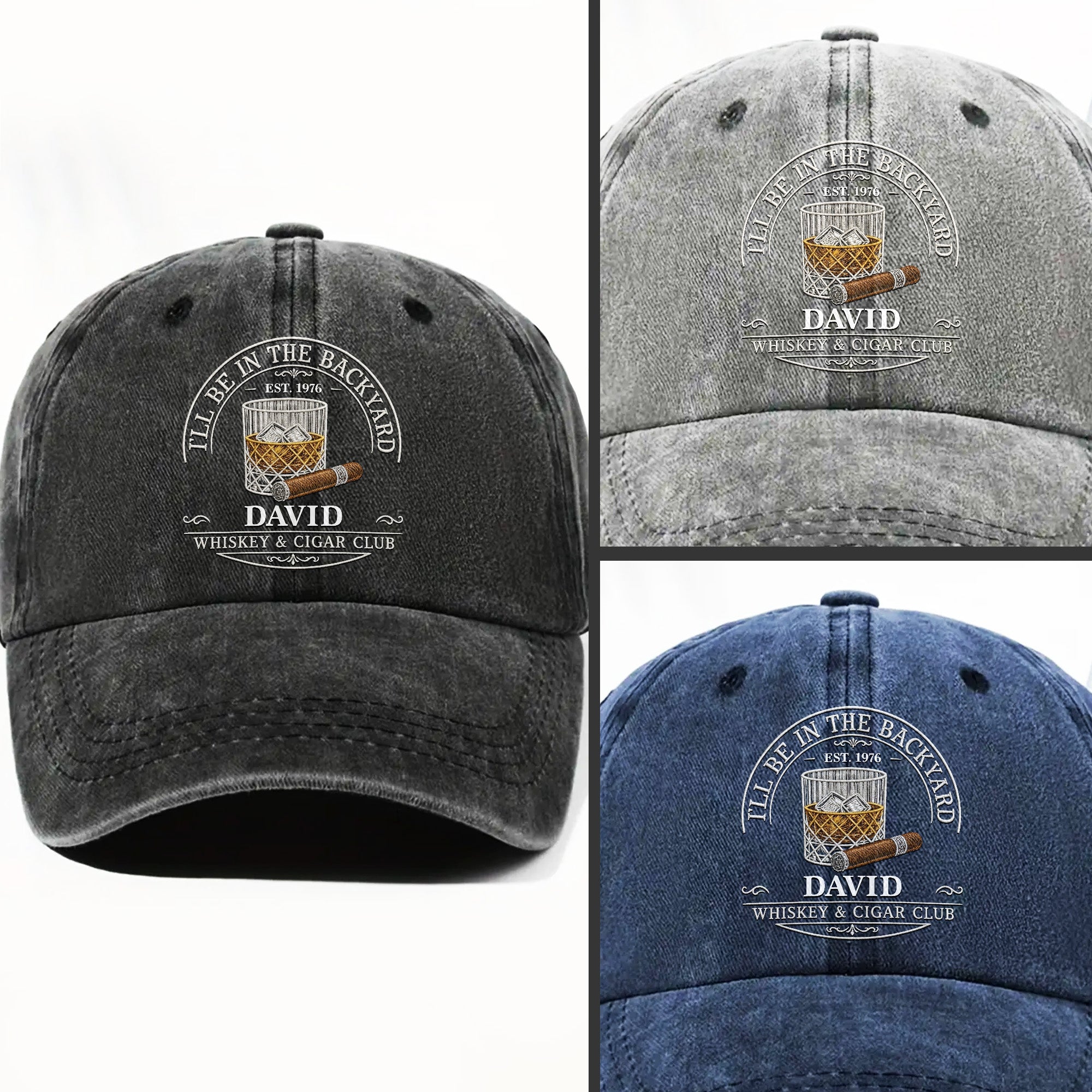 I'll Be In The Backyard Whiskey And Cigar Club With Glass And Cigar - Personalized Custom Washed Denim Cap - HIM044_WDCAP