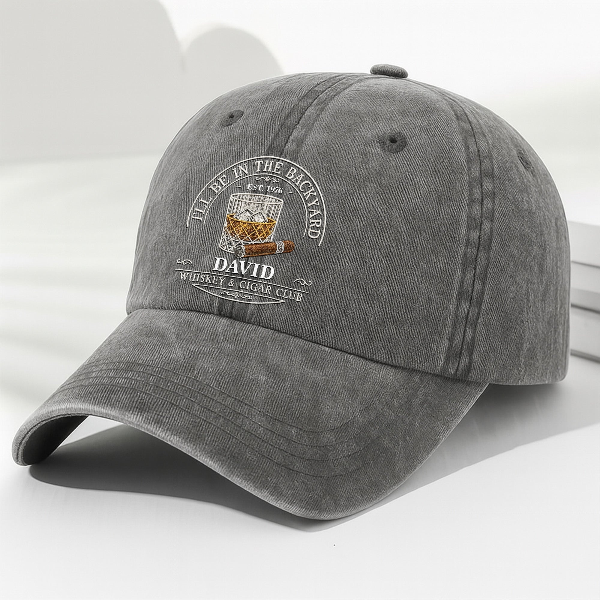 I'll Be In The Backyard Whiskey And Cigar Club With Glass And Cigar - Personalized Custom Washed Denim Cap - HIM044_WDCAP