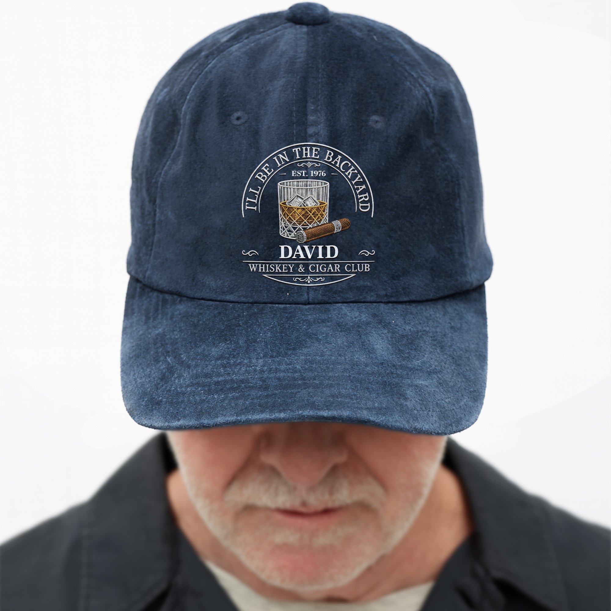 I'll Be In The Backyard Whiskey And Cigar Club With Glass And Cigar - Personalized Custom Washed Denim Cap - HIM044_WDCAP