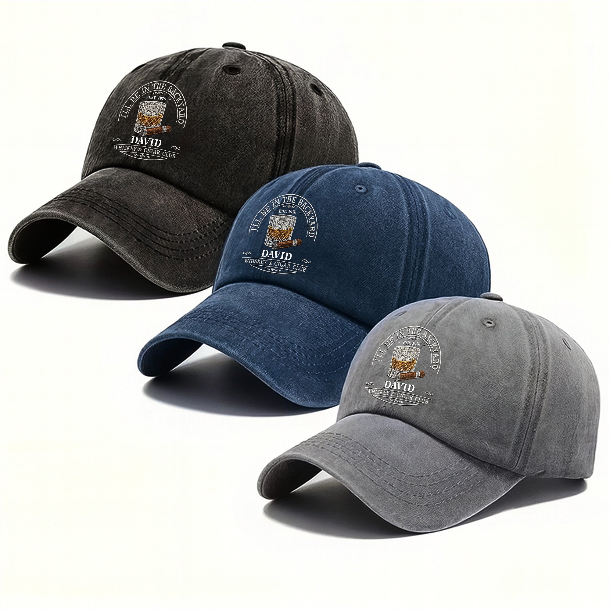 I'll Be In The Backyard Whiskey And Cigar Club With Glass And Cigar - Personalized Custom Washed Denim Cap - HIM044_WDCAP