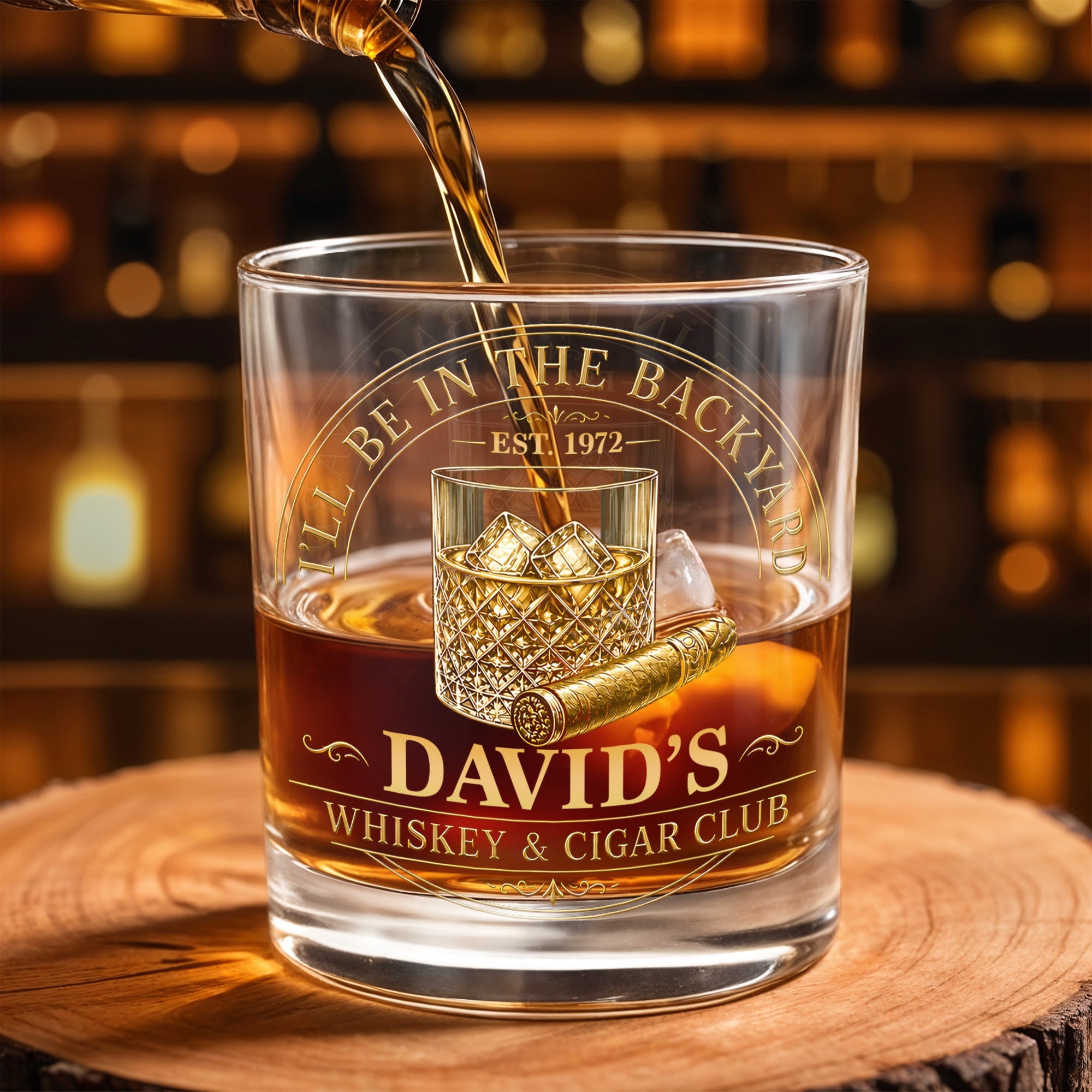 I'll Be In The Backyard Whiskey And Cigar Club Emblem Glass - Personalized Custom Whiskey Glass - HIM045_RWG