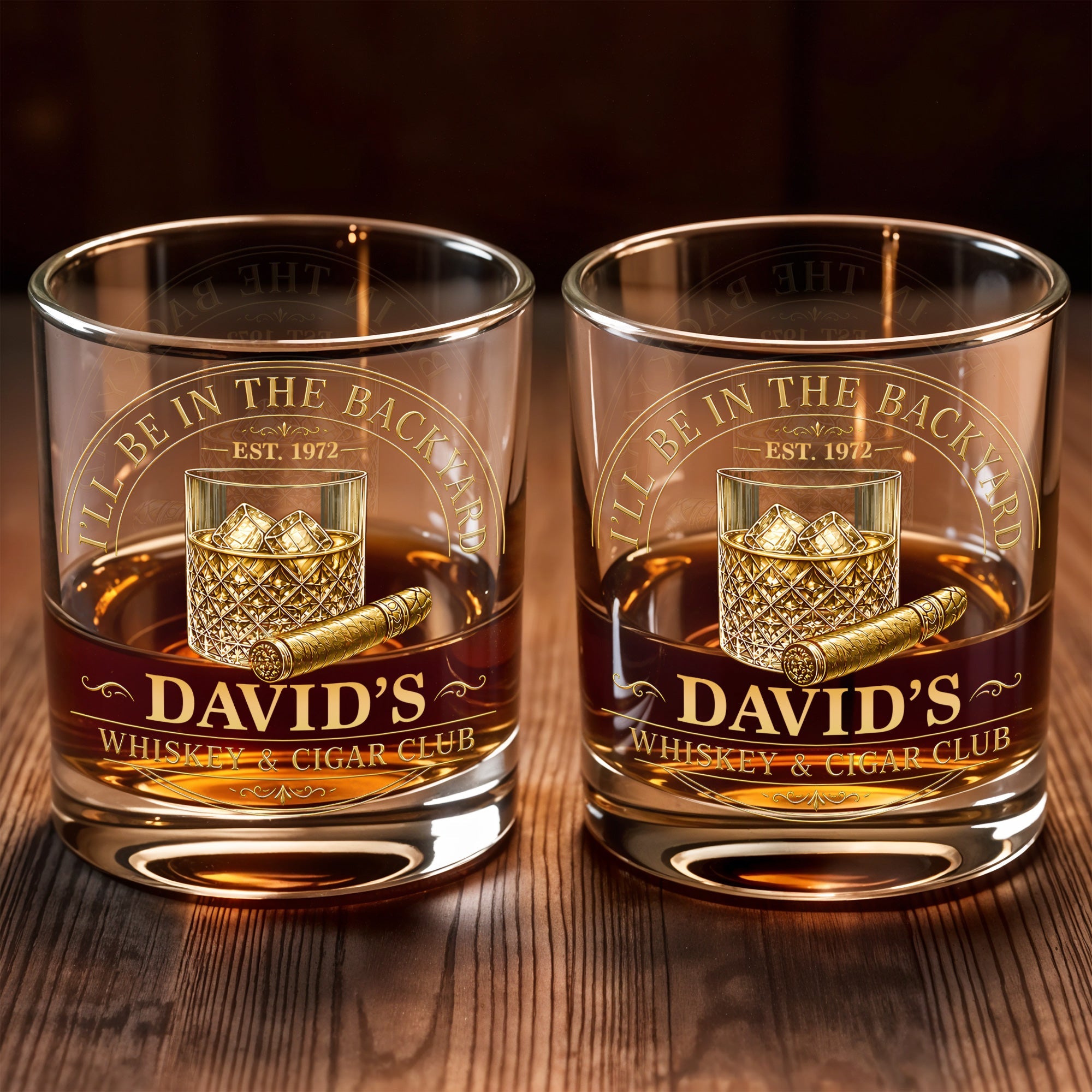 I'll Be In The Backyard Whiskey And Cigar Club Emblem Glass - Personalized Custom Whiskey Glass - HIM045_RWG