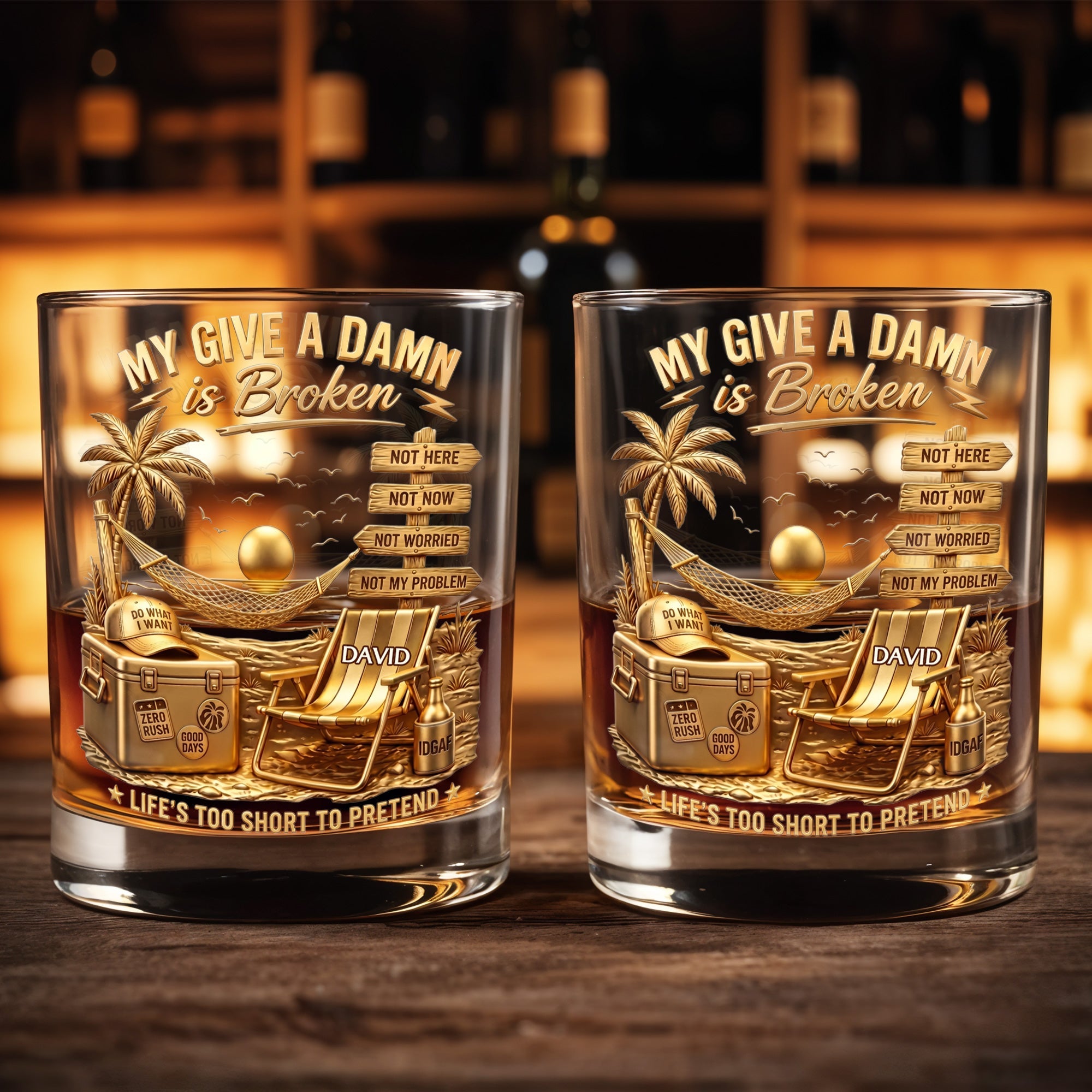 My Give A Damn Is Broken Beach Scene With Palm Tree And Hammock - Personalized Custom Whiskey Glass - HIM073_RWG