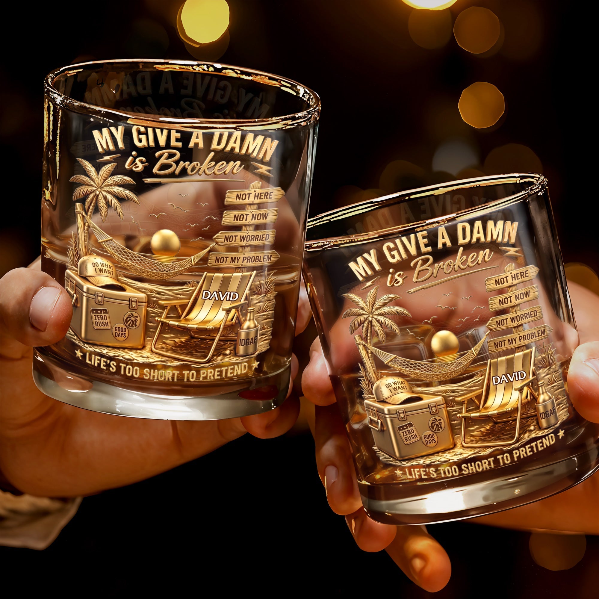 My Give A Damn Is Broken Beach Scene With Palm Tree And Hammock - Personalized Custom Whiskey Glass - HIM073_RWG