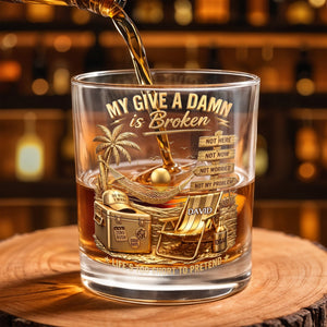 My Give A Damn Is Broken Beach Scene With Palm Tree And Hammock - Personalized Custom Whiskey Glass - HIM073_RWG