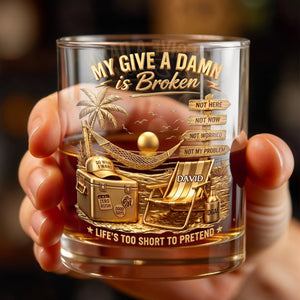 My Give A Damn Is Broken Beach Scene With Palm Tree And Hammock - Personalized Custom Whiskey Glass - HIM073_RWG