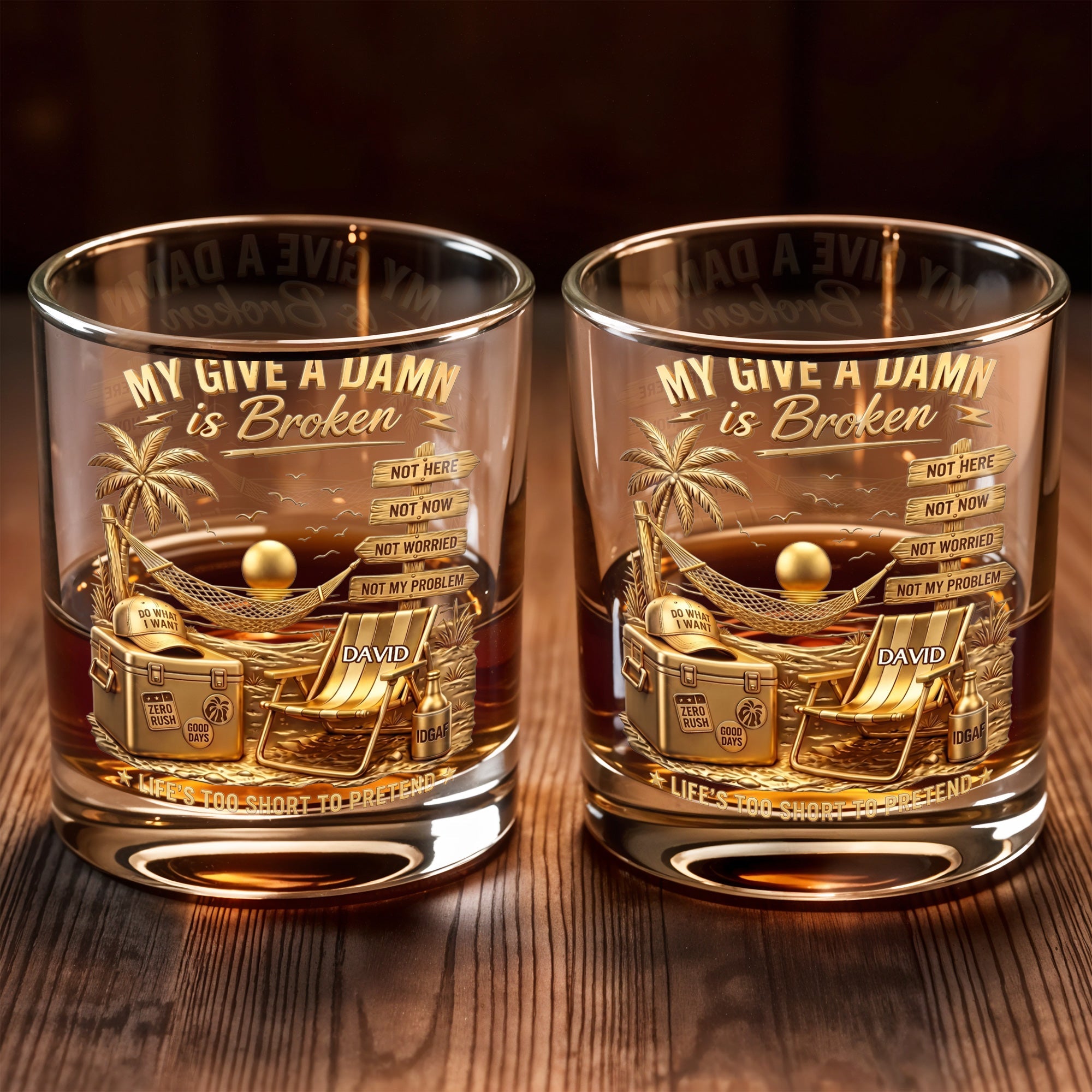 My Give A Damn Is Broken Beach Scene With Palm Tree And Hammock - Personalized Custom Whiskey Glass - HIM073_RWG
