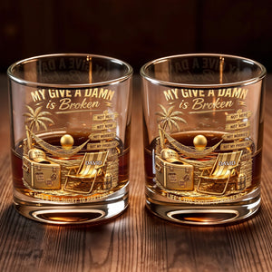 My Give A Damn Is Broken Beach Scene With Palm Tree And Hammock - Personalized Custom Whiskey Glass - HIM073_RWG