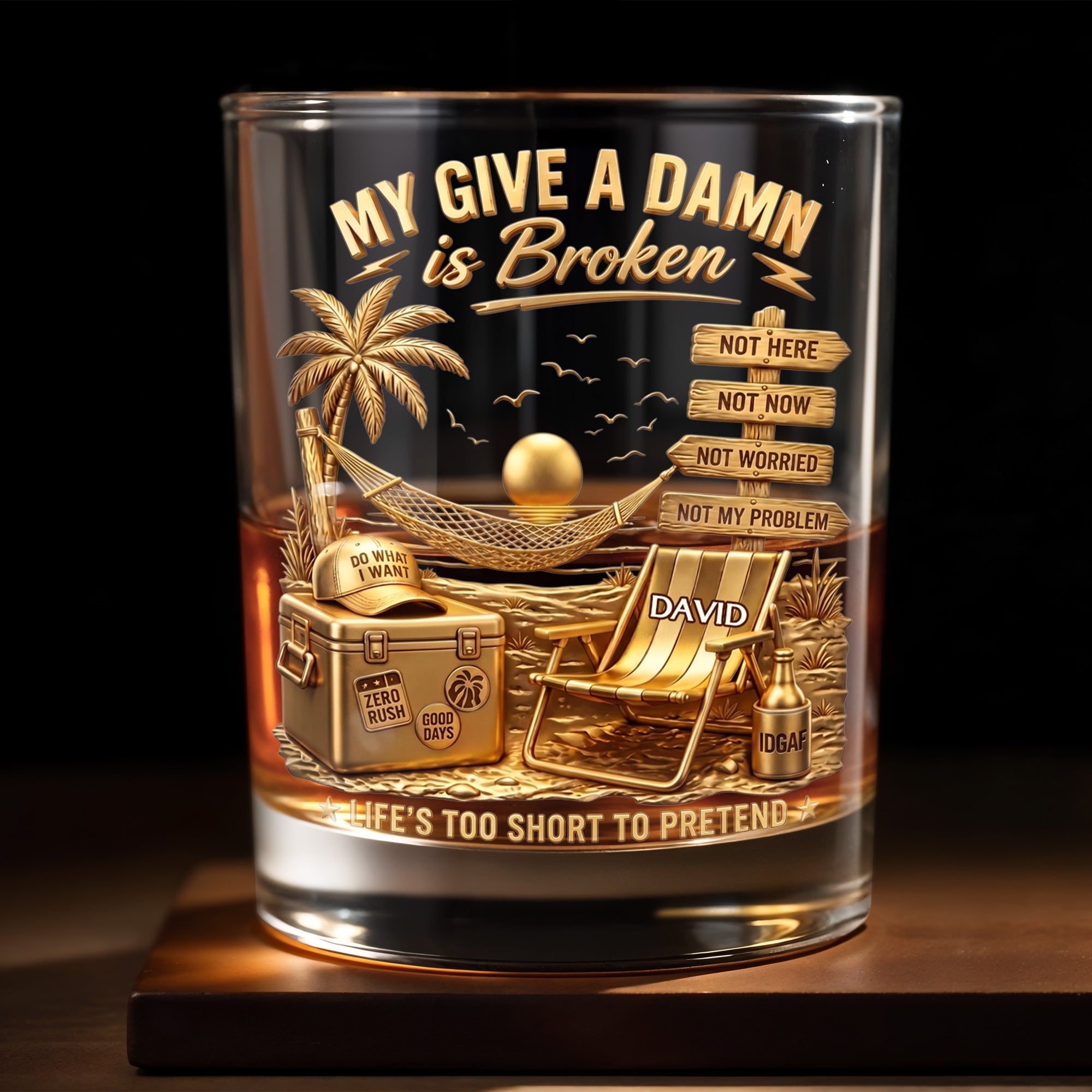 My Give A Damn Is Broken Beach Scene With Palm Tree And Hammock - Personalized Custom Whiskey Glass - HIM073_RWG