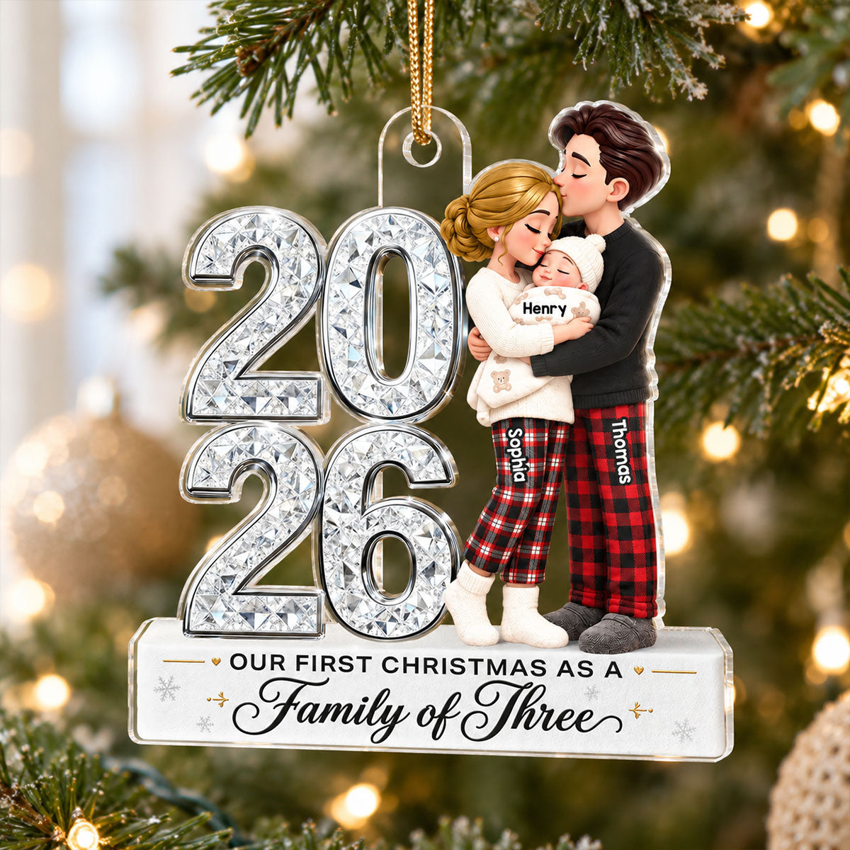 Our First Christmas As Family Of Three personalized acrylic ornament